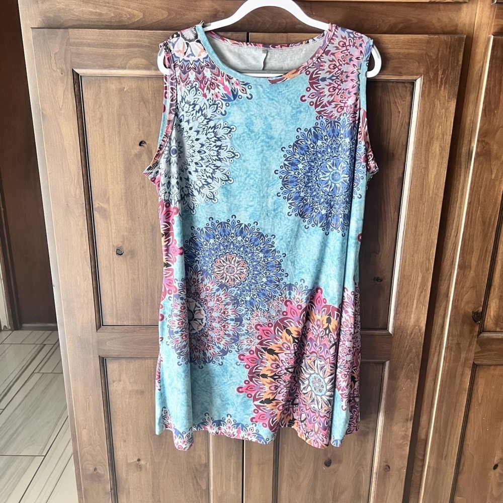 UNBRANDED-WOMEN'S Floral Print Sleeveless T-Shirt Dress With Pockets Size 3XL
